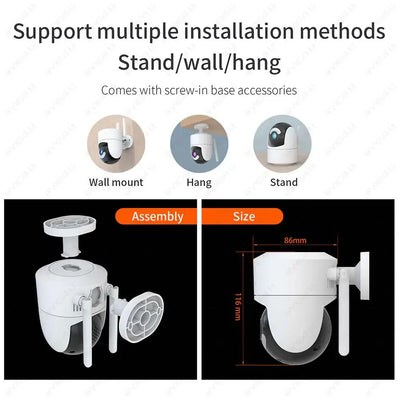 6MP Tuya WiFi outdoor PTZ camera showing multiple installation methods: wall mount, hang, and stand with size dimensions.
