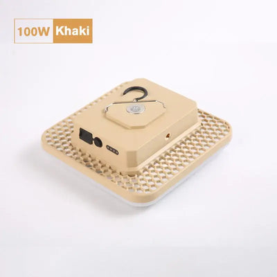 100W khaki rechargeable LED lantern with magnetic base for camping and emergencies.