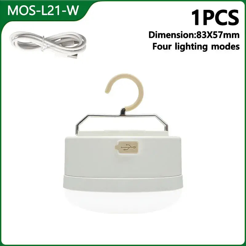 MOSLIGHTING mini LED camping lantern with USB, 4 lighting modes, portable design, and hanging hook.