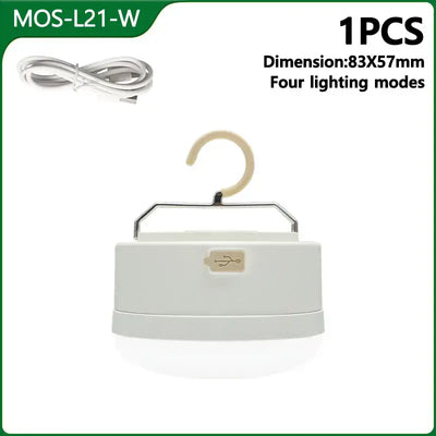 MOSLIGHTING mini LED camping lantern with USB, 4 lighting modes, portable design, and hanging hook.