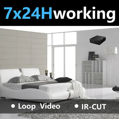 Mini HD camera with IR night vision for 24/7 monitoring in modern bedroom setting.