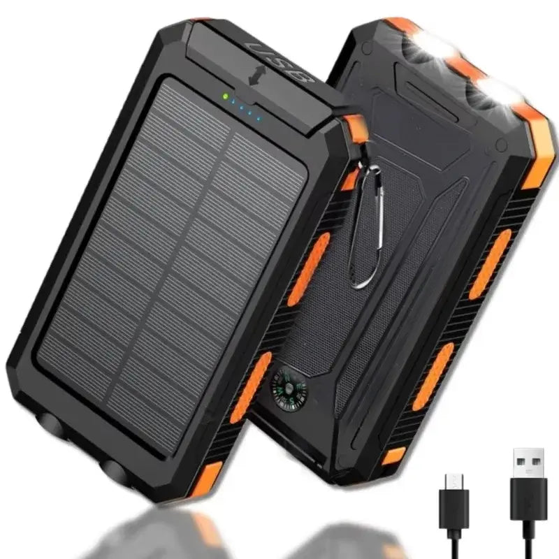 20000mAh solar power bank with LED light, waterproof design, and dual USB ports for fast charging outdoors.