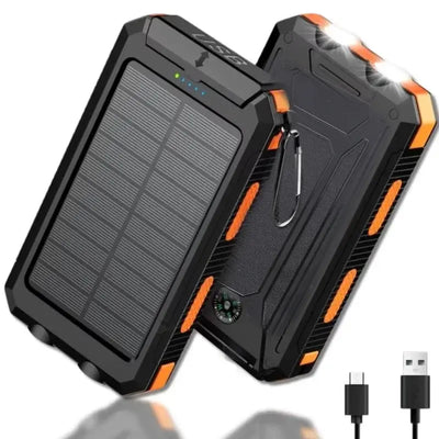 20000mAh solar power bank with LED light, waterproof design, and dual USB ports for fast charging outdoors.