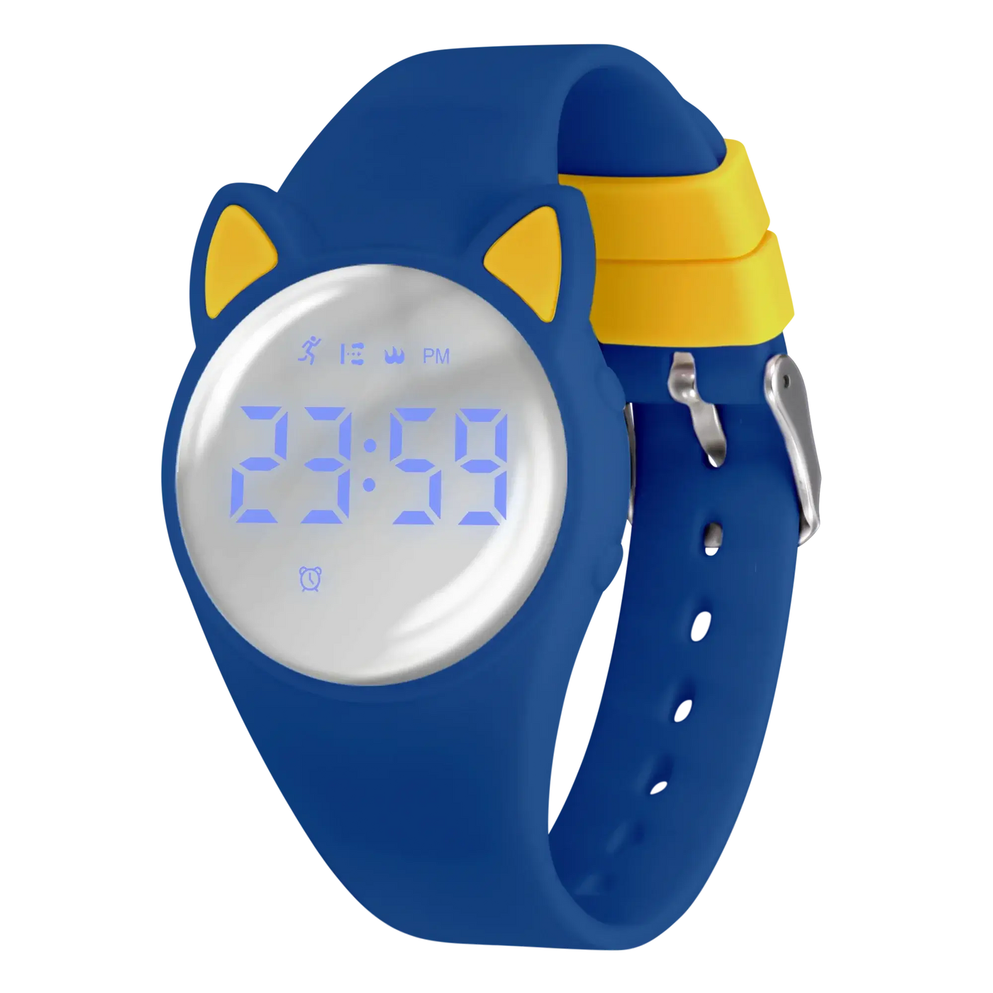 Cute blue digital fitness tracker watch for kids with cat ears design and pedometer features.