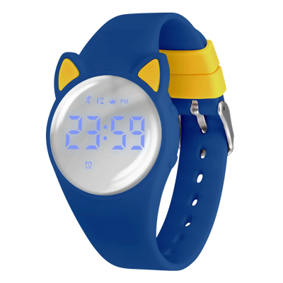 Cute blue digital fitness tracker watch for kids with cat ears design and pedometer features.