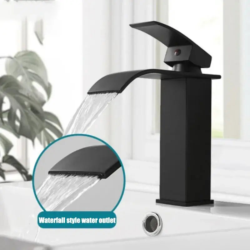 Stylish black waterfall sink faucet with a smooth water flow, perfect for modern bathroom decor.