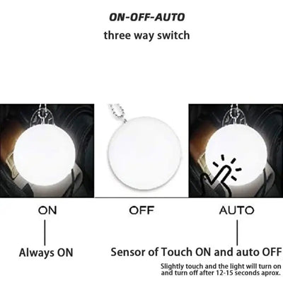 Three-way switch illustration for a light: ON, OFF, AUTO settings with touch sensor functionality.