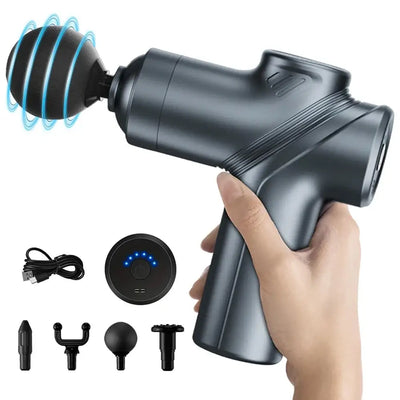 Deep tissue mini massage gun in hand with multiple massage heads and control, ideal for athletes and recovery.
