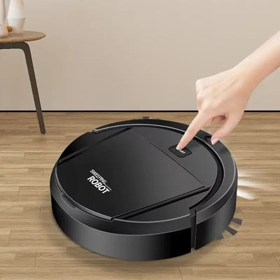 User activating the Donirt automatic robot vacuum cleaner on a hardwood floor for smart cleaning.