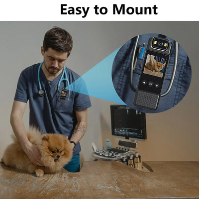 Veterinarian using mini camera to monitor pet, showcasing easy mounting for hands-free recording.