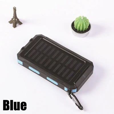 20000mAh solar power bank in blue with USB charging and LED light, ideal for outdoor use.