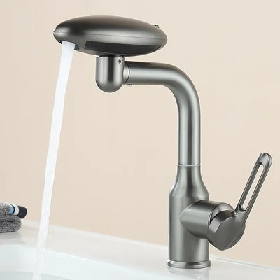 Modern multi-functional waterfall basin faucet with 360° rotation and water outlet, single handle for hot and cold water.