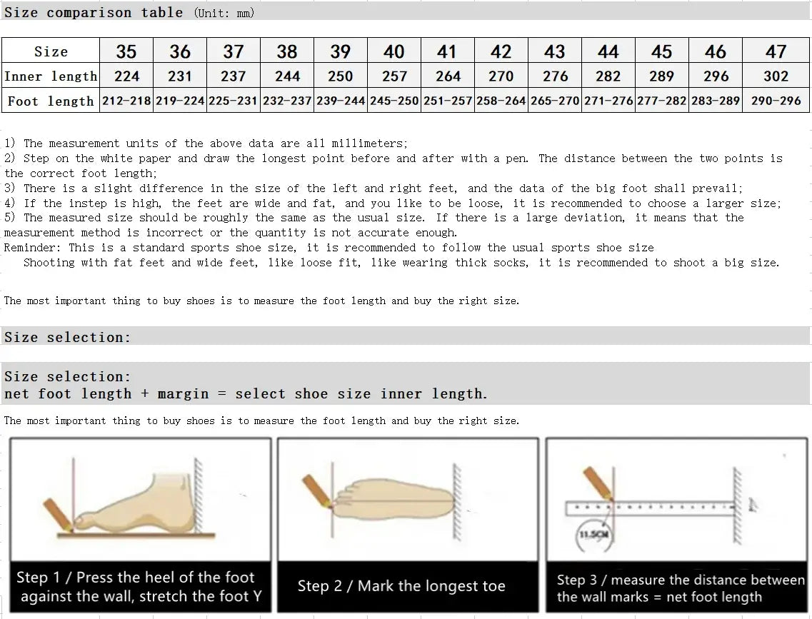 Nevytech men's luxury sneakers size comparison table and fitting guide with measurement instructions.