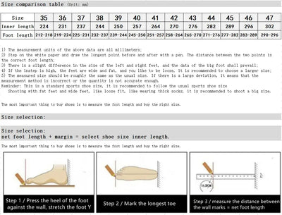 Nevytech men's luxury sneakers size comparison table and fitting guide with measurement instructions.
