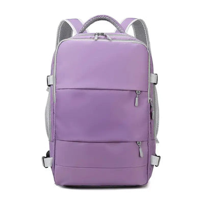 Large capacity purple travel backpack for women, waterproof with anti-theft features and USB charging port.