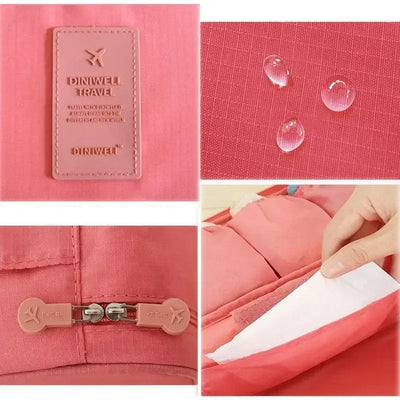 Close-up of pink travel underwear organizer bag showing waterproof material, zipper, and pocket details.