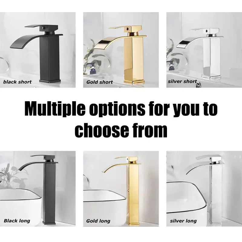 Variety of waterfall sink faucets in black, gold, and silver for bathroom with short and long styles.