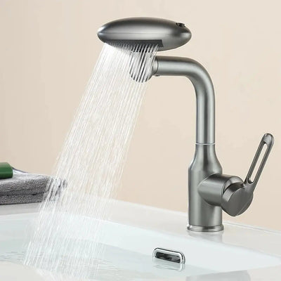 Multi-functional stainless steel basin faucet with waterfall spray, 360° rotation, and single handle for hot and cold water.