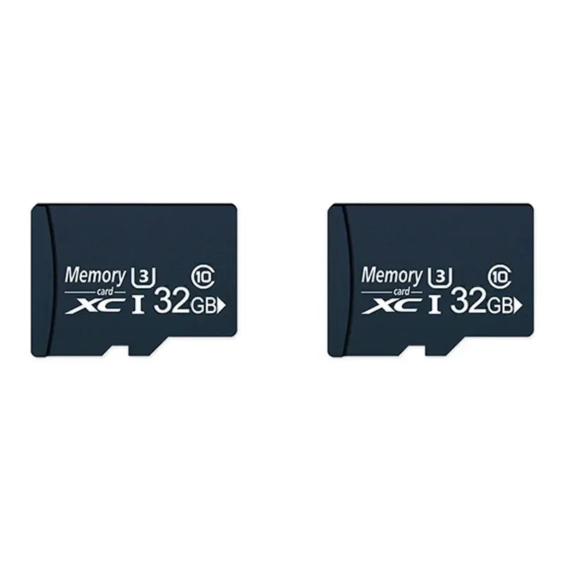 Set of two 32GB MicroSD memory cards with fast transfer speeds for cameras and devices.