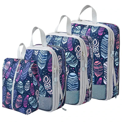 4pcs large capacity foldable packing cubes in colorful feather print for luggage storage.