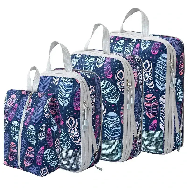 Nevytech 4Pcs Compression Storage Bags Set with colorful patterns for organization and travel.