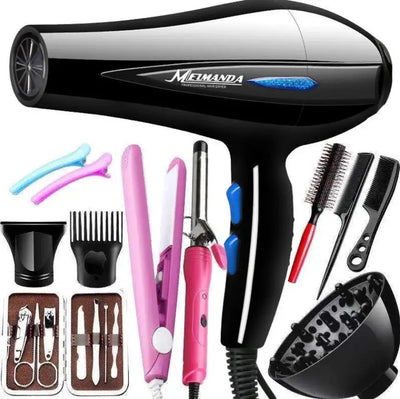 Professional black hair dryer with styling tools, including flat iron, combs, clips, and a drying bowl for salon use.
