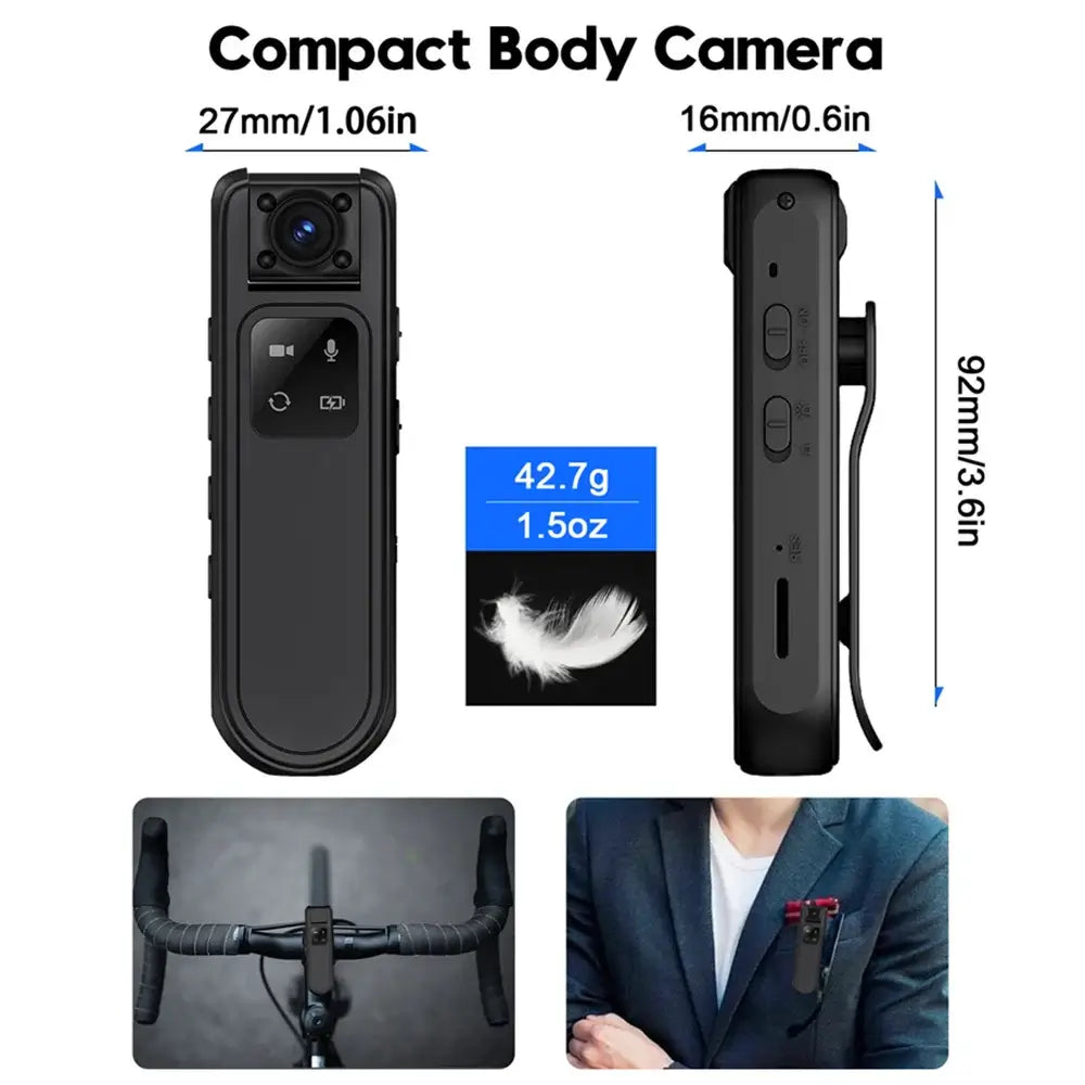 Portable Quad HD 2K body camera with compact design, dimensions 27mm x 16mm x 92mm, weighs 42.7g, suitable for various activities.