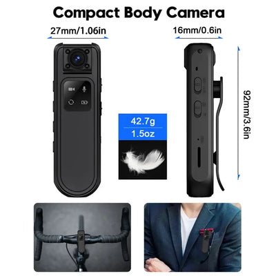 Portable Quad HD 2K body camera with compact design, dimensions 27mm x 16mm x 92mm, weighs 42.7g, suitable for various activities.