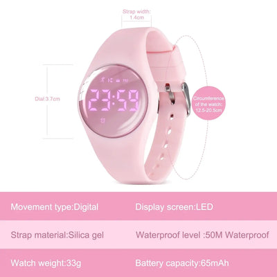 Digital fitness tracker watch for kids, pink silicone strap, LED display, waterproof, 50M, lightweight design.