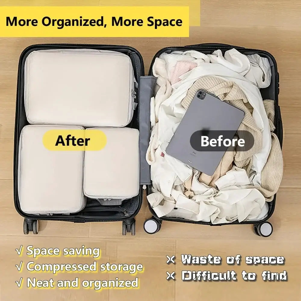 Before and after comparison of packing cubes in a suitcase, showcasing organized vs. messy packing for efficient travel.