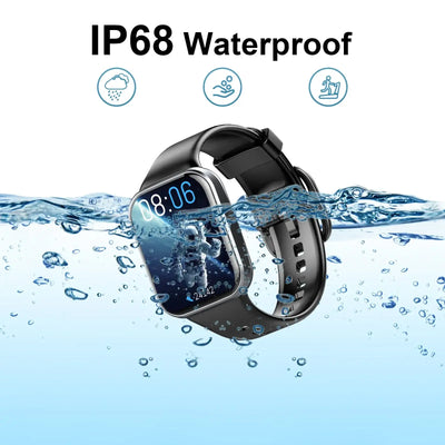 IP68 waterproof smart watch with a sleek design, submerged in water, showcasing durability and functionality.