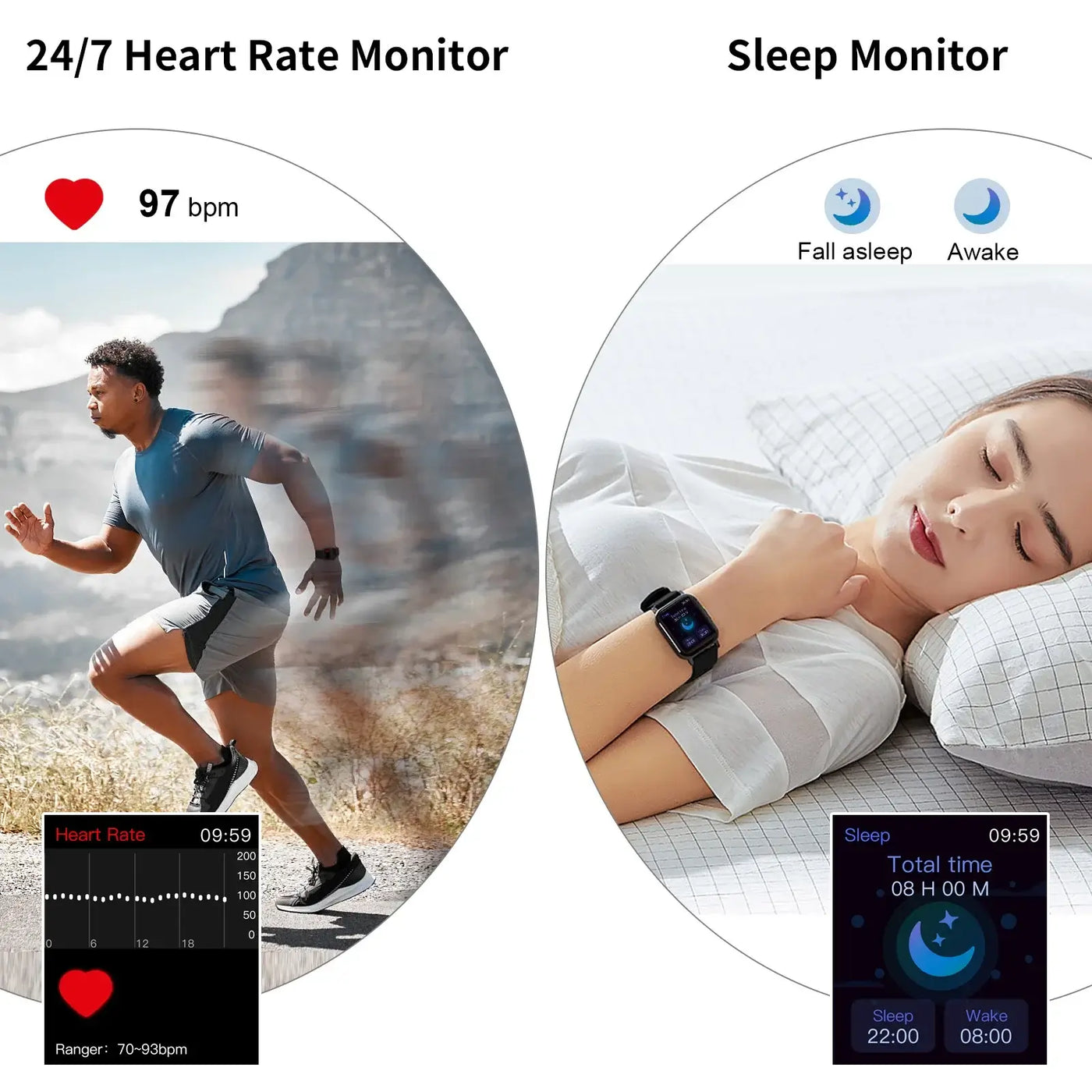 Image showing a man running with a heart rate monitor and a woman sleeping with a smartwatch displaying sleep data.