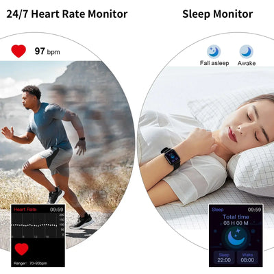 Image showing a man running with a heart rate monitor and a woman sleeping with a smartwatch displaying sleep data.