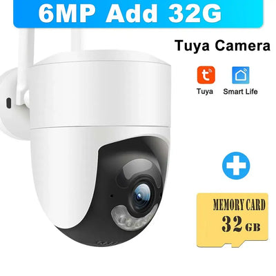 6MP Tuya WiFi camera with 32GB memory card for outdoor security surveillance and AI tracking.