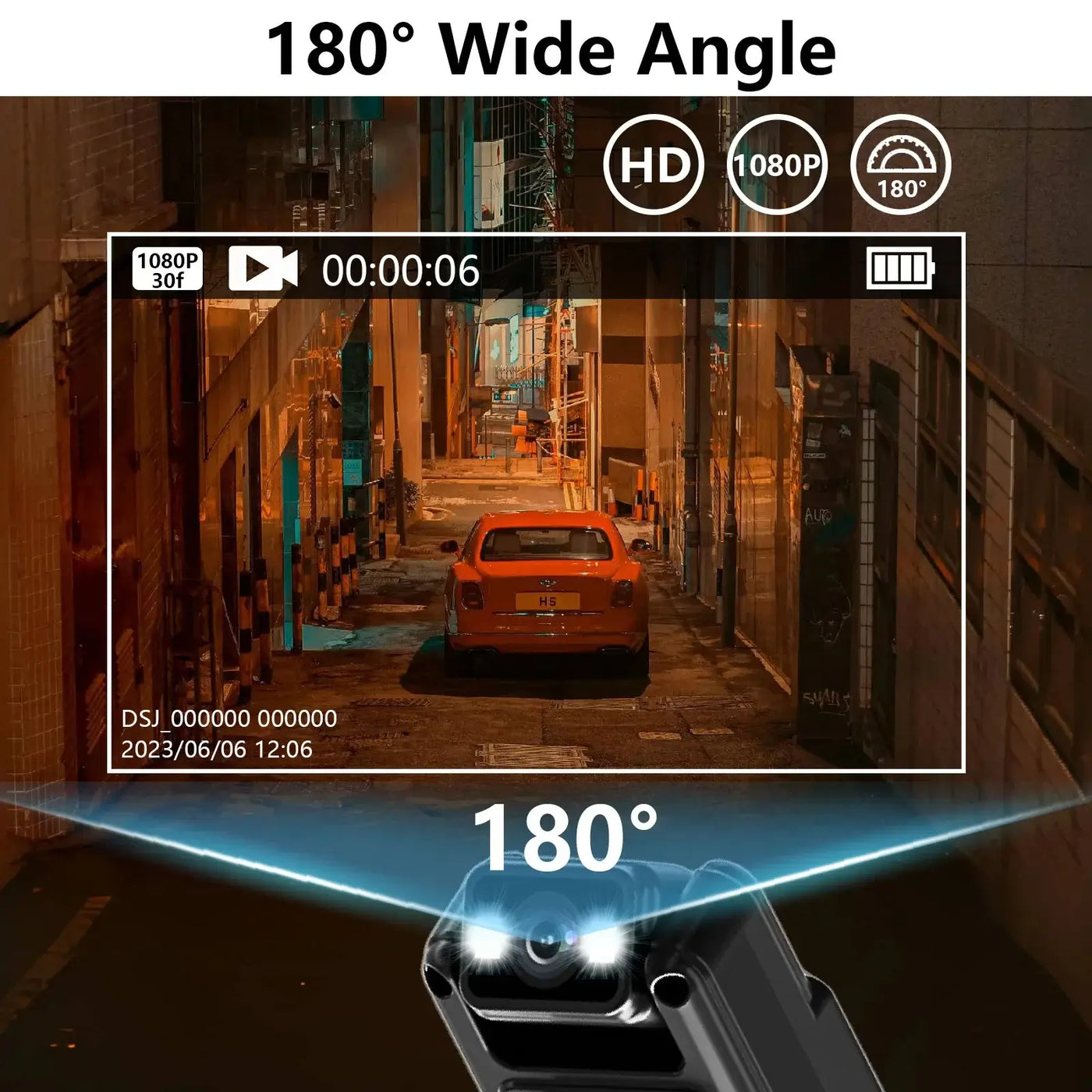 180° wide angle view of HD video recording from a mini camera showcasing a street scene at night.