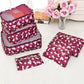 Nevytech 6Pcs Travel Luggage Packing Cubes organized in pink suitcase with laundry pouch and clothing.