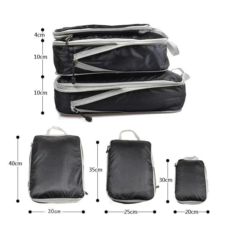 Foldable packing cubes in black nylon, portable travel storage bags with dimensions for organized luggage.