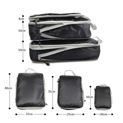 Foldable packing cubes in black nylon, portable travel storage bags with dimensions for organized luggage.