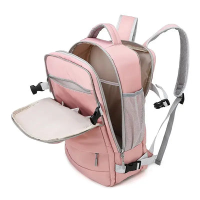 Large capacity pink travel backpack for women with ergonomic design and multiple pockets.