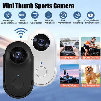 Mini thumb sports camera features 1080P resolution, anti-shake, ideal for driving, sports cycling, travel, and pet recording.