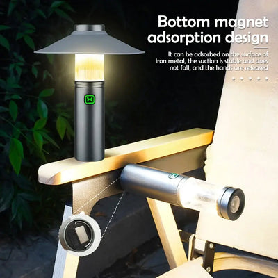 LED camping lantern with bottom magnet design, illuminating an outdoor setting while attached to a chair.