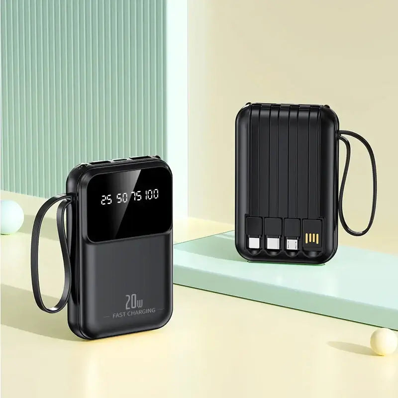 Portable 20000mAh power bank with LED display and fast charging features.