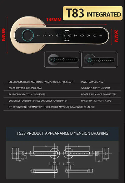 Smart fingerprint door lock T83 with biometric keypad, mobile app access, and emergency password features.
