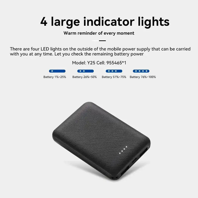 Portable power bank with 4 LED indicator lights displaying battery levels for convenient charging.
