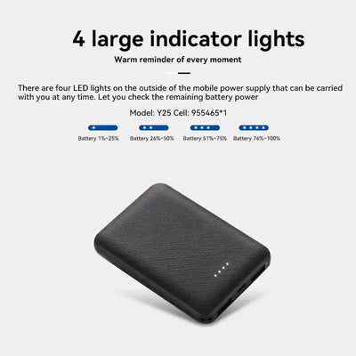 Portable power bank with 4 LED indicator lights displaying battery levels for convenient charging.