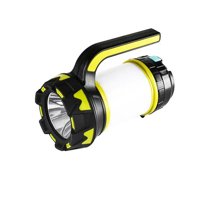 Rechargeable LED camping lantern with handle and multiple light modes for outdoor activities.