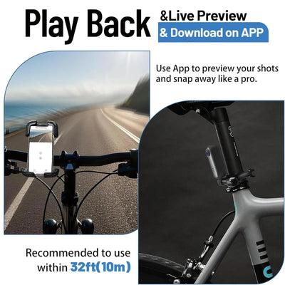 Preview shots and snap effortlessly using the app for action cameras, recommended distance 32ft.
