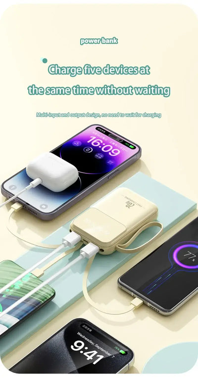 Multi-device power bank charging five items simultaneously with LED display and sleek design.