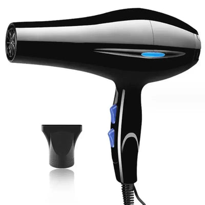 Professional 1200W/2200W hair dryer with strong power, adjustable settings, and focusing nozzle for efficient hair styling.