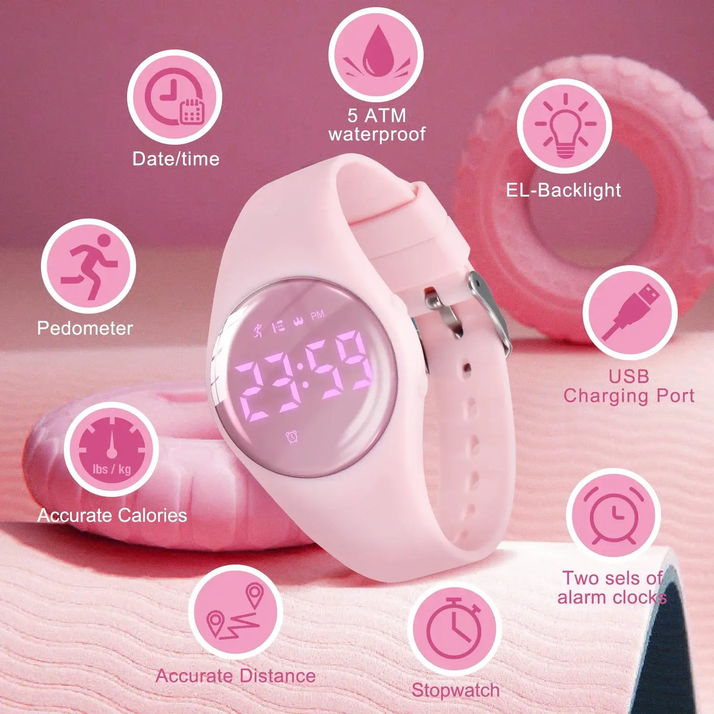 Pink digital sport watch with pedometer, waterproof, EL-backlight, USB charging port, and multiple features for kids.